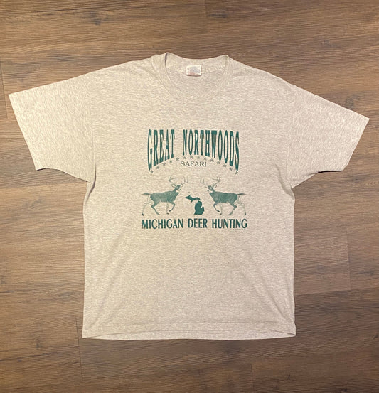 Great Northwoods Safari Michigan Deer Hunting Graphic Tee | Size X-Large | Vintage Single Stitch Grey T-Shirt | Free Shipping to USA |