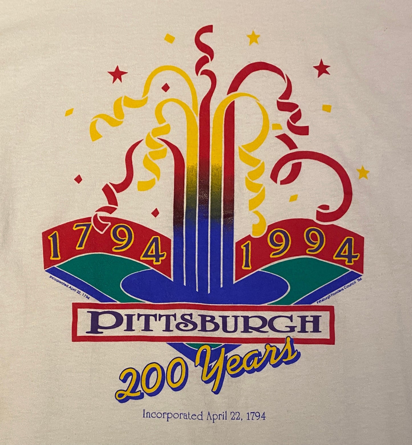 Pittsburgh 200 Year Anniversary Graphic Tee | Size XL | Vintage 1990s Single Stitch White T-Shirt | Made in USA | Free Shipping to USA|