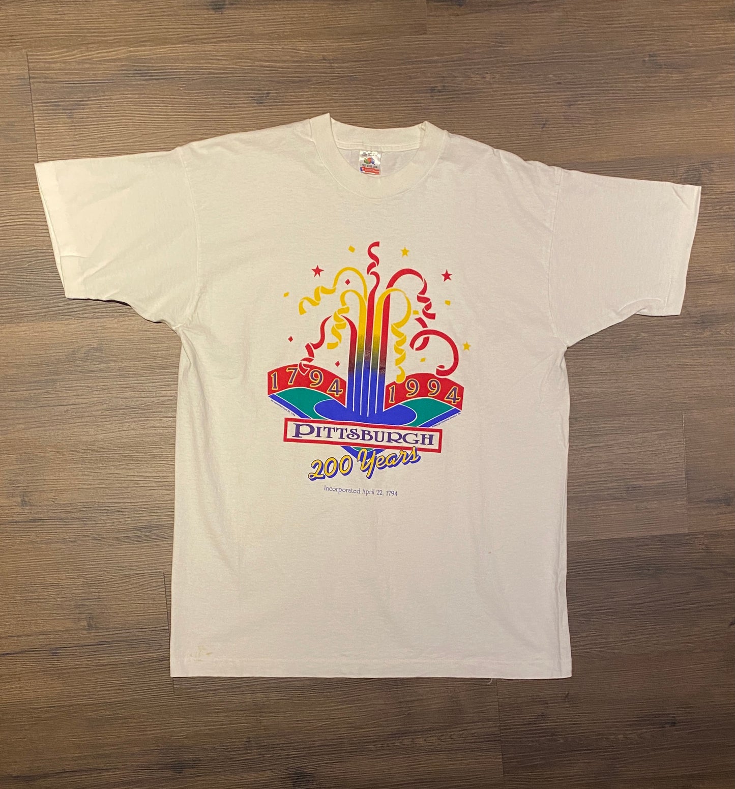 Pittsburgh 200 Year Anniversary Graphic Tee | Size XL | Vintage 1990s Single Stitch White T-Shirt | Made in USA | Free Shipping to USA|