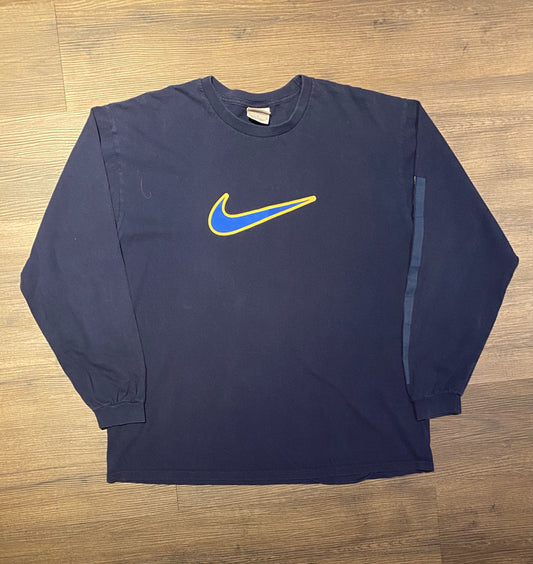 Nike Chest Swoosh Graphic Tee | Size Large | Vintage 2000s Nike Silver Tag Long Sleeve Blue T-Shirt | Free Shipping to USA |