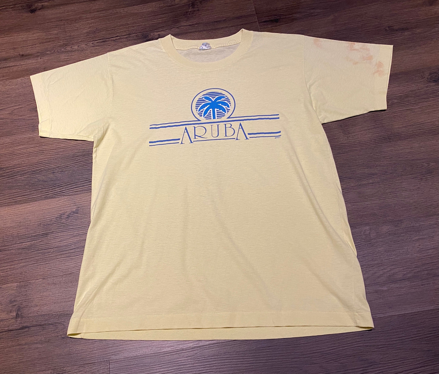 Aruba Palm Tree Graphic Tee | Size XXL | Vintage 1990s Tourist Single Stitch Blue & Yellow T-Shirt | Free Shipping to USA |