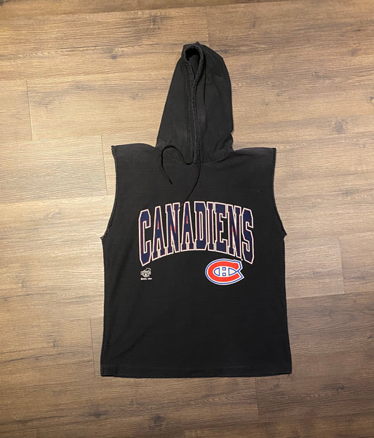 Montreal Canadiens Tank Top Graphic Hoodie | Size Medium | Vintage 1990s NHL Hockey Striped Black T-Shirt | Free Shipping to USA |