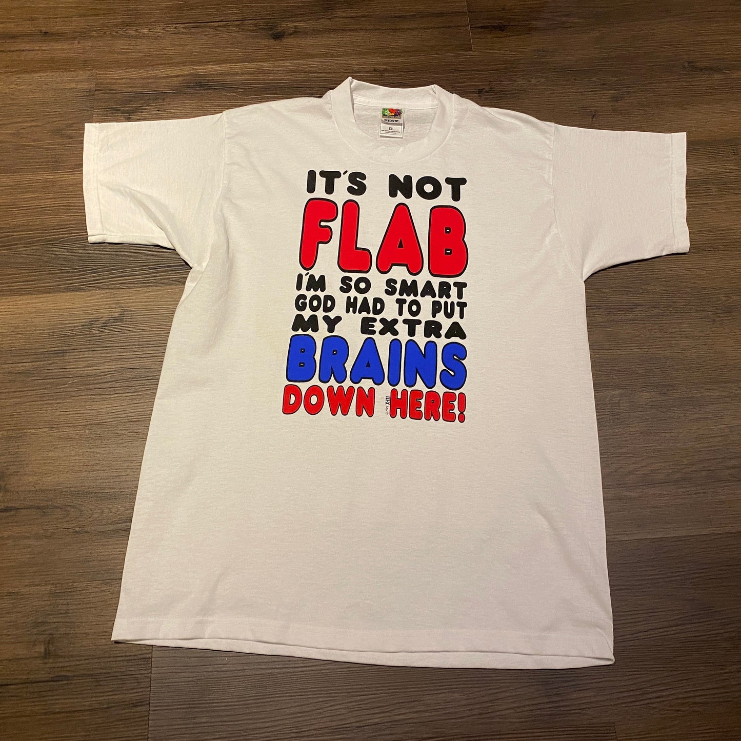 It's Not Flab I'm So Smart God Put My Extra Brains Down Here Graphic Tee | Size Large | Vintage 1990s White T-Shirt | Free Shipping to USA |