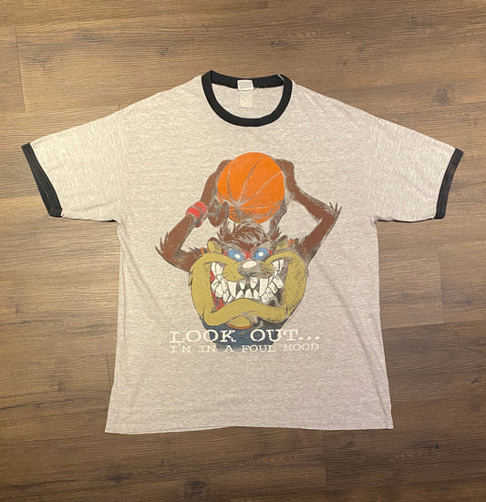 Taz Look Out I'm In A Fouling Mood Graphic Tee | Size XL | Vintage 1990s Cartoon Looney Tunes Character Grey T-Shirt | Free Shipping to USA|