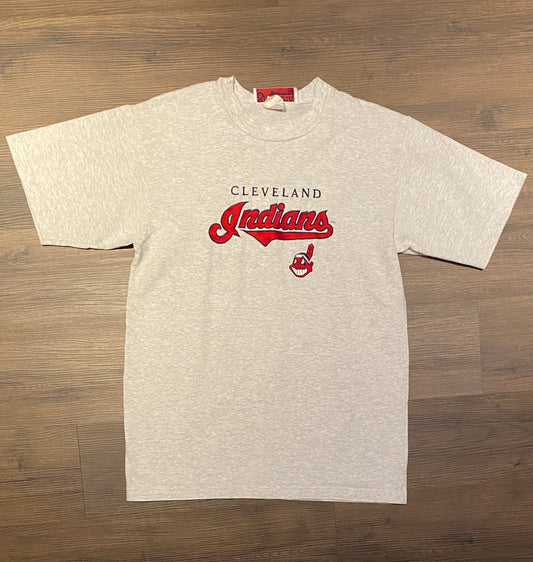 Cleveland Indians Embroidered Graphic Tee | Size Large | Vintage 1990s MLB Baseball Grey T-Shirt | Made in Canada | Free Shipping to USA |