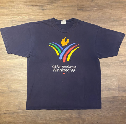 Winnipeg Pan-Am Games '99 Graphic Tee | Size XXL | Vintage 1990s Olympics Blue T-Shirt | Gildan Heavyweight Cotton | Free Shipping to USA |