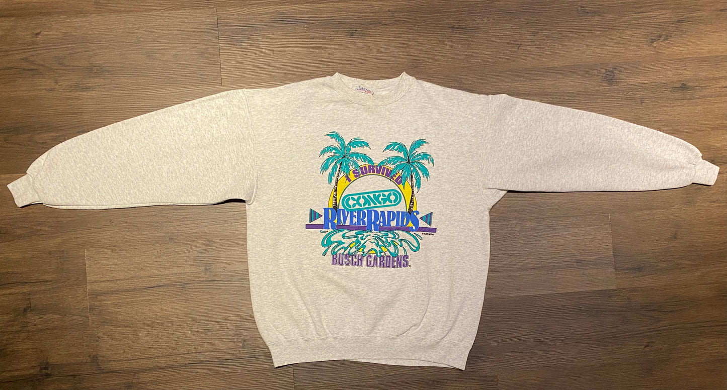 I Survived Congo River Rapids Busch Gardens Crewneck | Size Large | Vintage 1990s Promotional Grey Sweater|Made in USA|Free Shipping to USA|