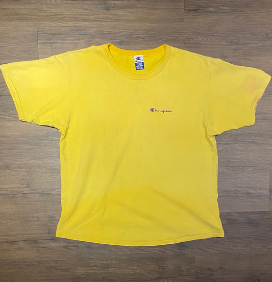 Champion Spell Out Graphic Tee | Size XL | Vintage 2000s Branded Yellow T-Shirt | Small Logo Made in USA | Free Shipping to USA |