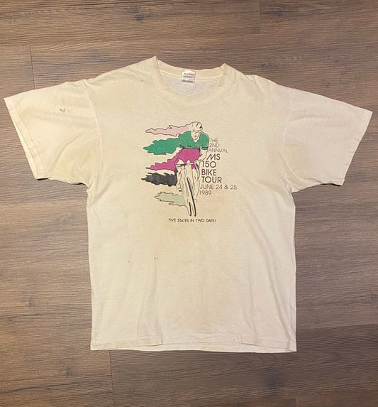 The 2nd Annual MS 150 Bike Tour Graphic Tee | Size Large | Vintage 1980s Single Stitch White T-Shirt | Made in USA | Free Shipping to USA |