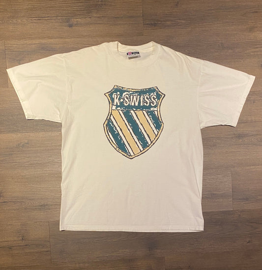 K-Swiss Shoes Graphic Tee | Size XL | Vintage 1990s Promotional Branded White T-Shirt | Made in USA | Free Shipping to USA |