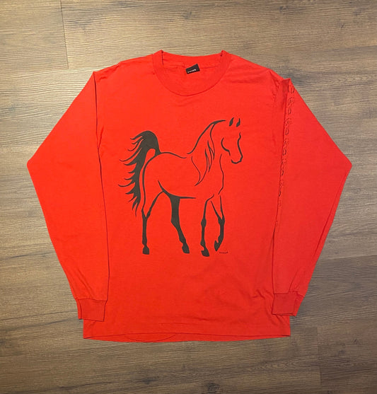 Horse Outlined Big Front Print Graphic Tee | Size XL | Vintage 1990s Horse Art Single Stitch Red T-Shirt | Free Shipping to USA |