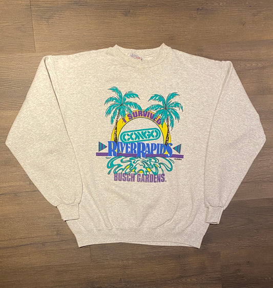 I Survived Congo River Rapids Busch Gardens Crewneck | Size Large | Vintage 1990s Promotional Grey Sweater|Made in USA|Free Shipping to USA|