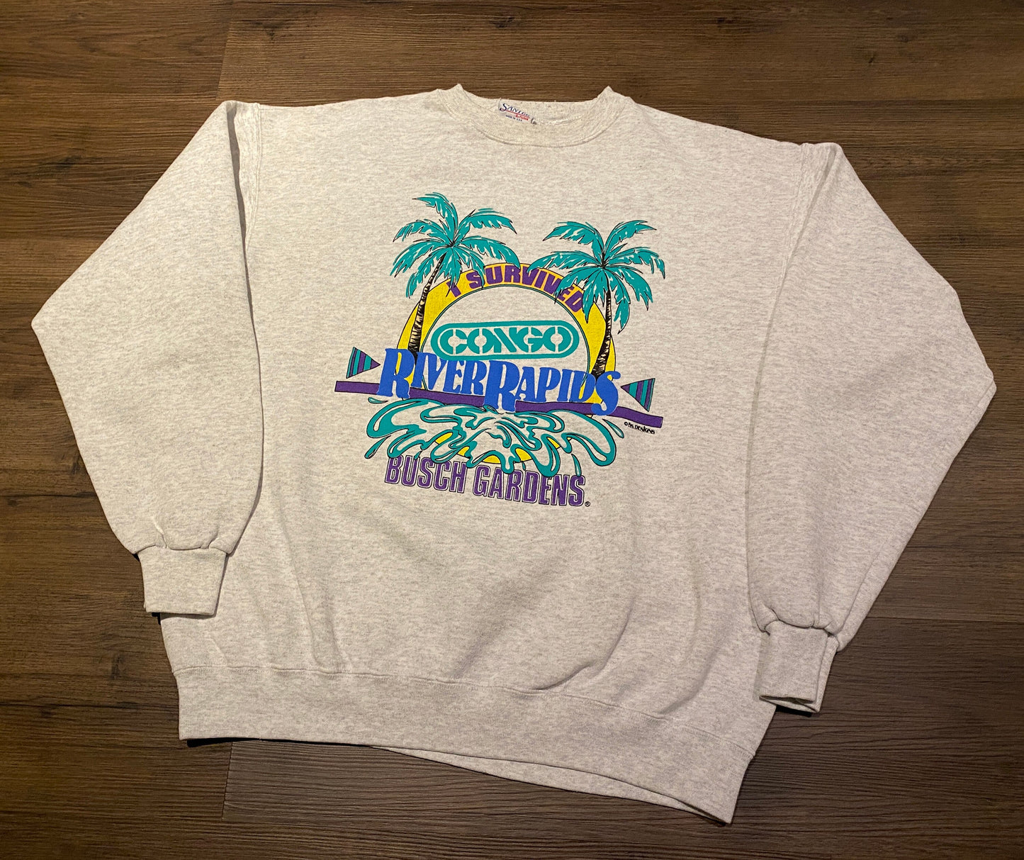 I Survived Congo River Rapids Busch Gardens Crewneck | Size Large | Vintage 1990s Promotional Grey Sweater|Made in USA|Free Shipping to USA|