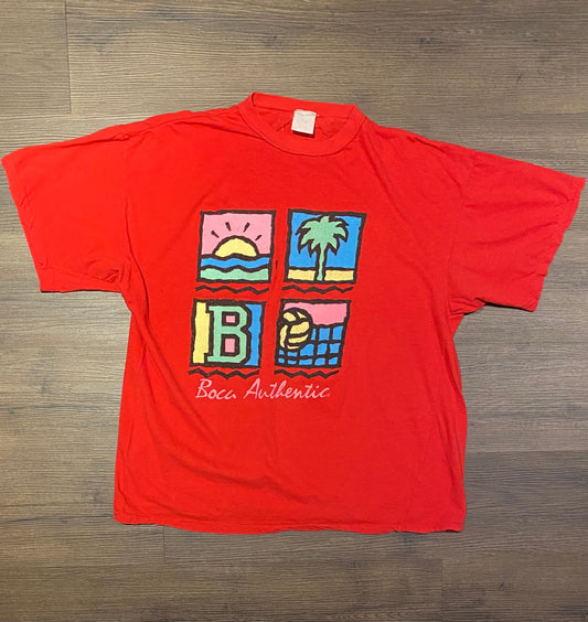 Boca Authentic Graphic Tee | Size Large | Vintage 1990s Single Stitch Tourist Red T-Shirt | Volleyball & Palm Trees | Free Shipping to USA |