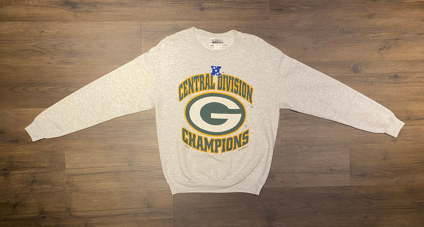 Green Bay Packers 1996 Division Champions Graphic Crewneck | Size Large | Vintage 1990s NFL Football Grey Sweater | Free Shipping to USA|