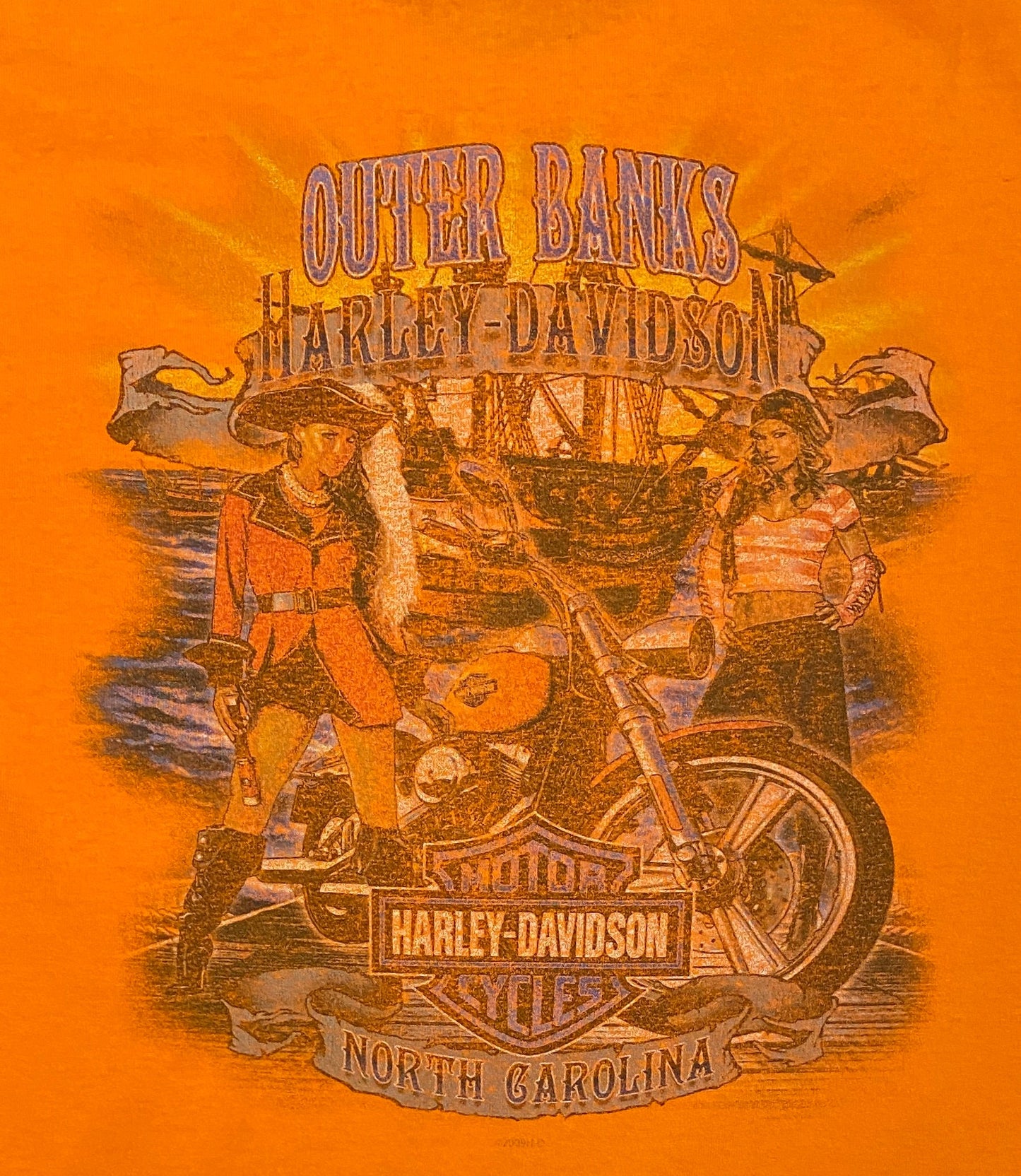 Harley Davidson Outer Banks, North Carolina Graphic Tee | Size Medium | Vintage 2000s Motorcycle Biker Orange T-Shirt |Free Shipping to USA|