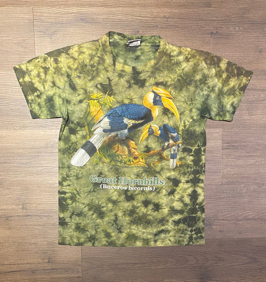 Great Hornbills (Buceros Bicornis) Graphic Tee | Size Medium | Vintage 2000s Animal Tie Dye Green T-Shirt | Free Shipping to USA |