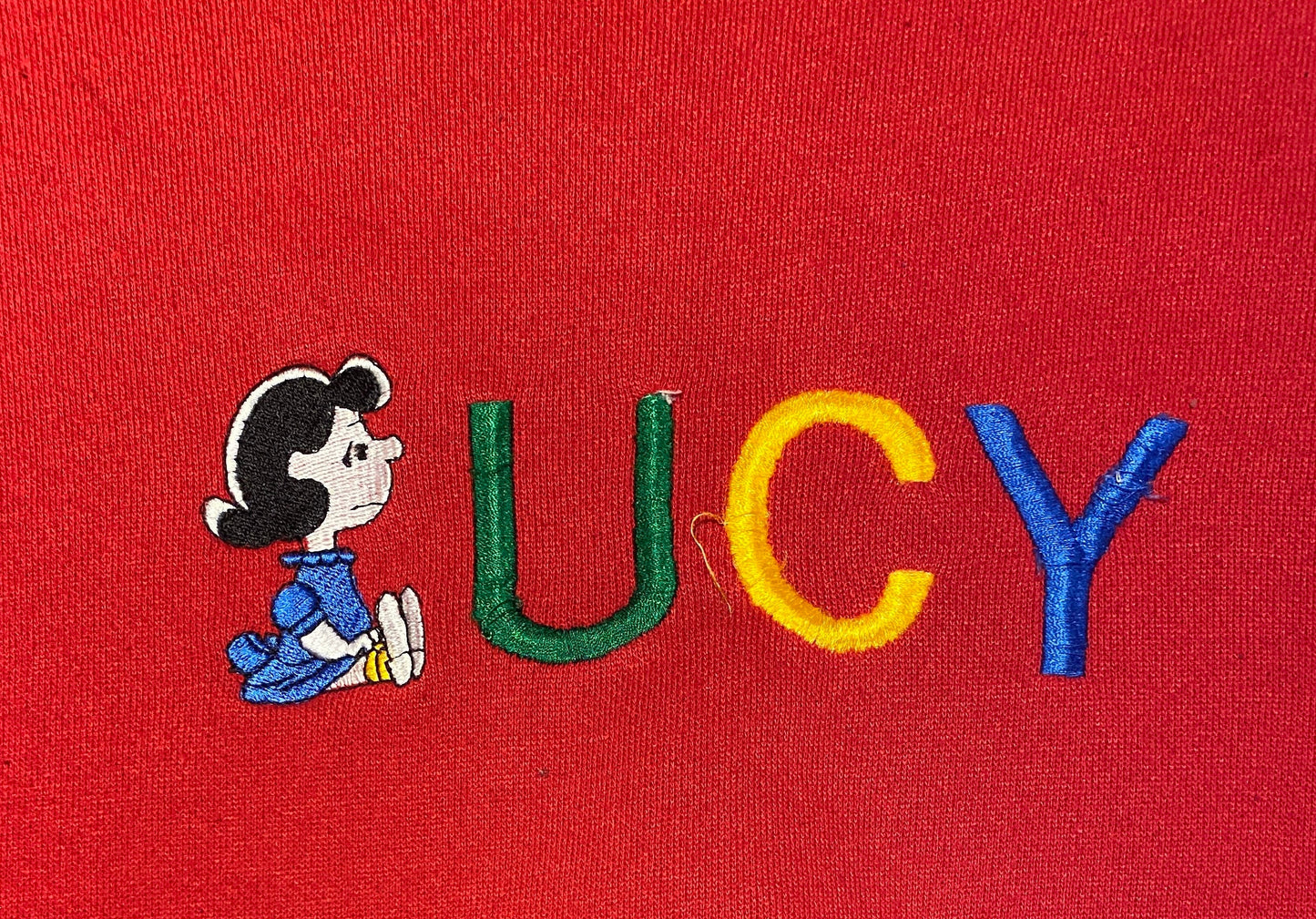 Lucy Embroidered Graphic Crewneck | Size Large | Vintage 1990s Peanuts Cartoon Promotional Red Sweater | Free Shipping to USA |