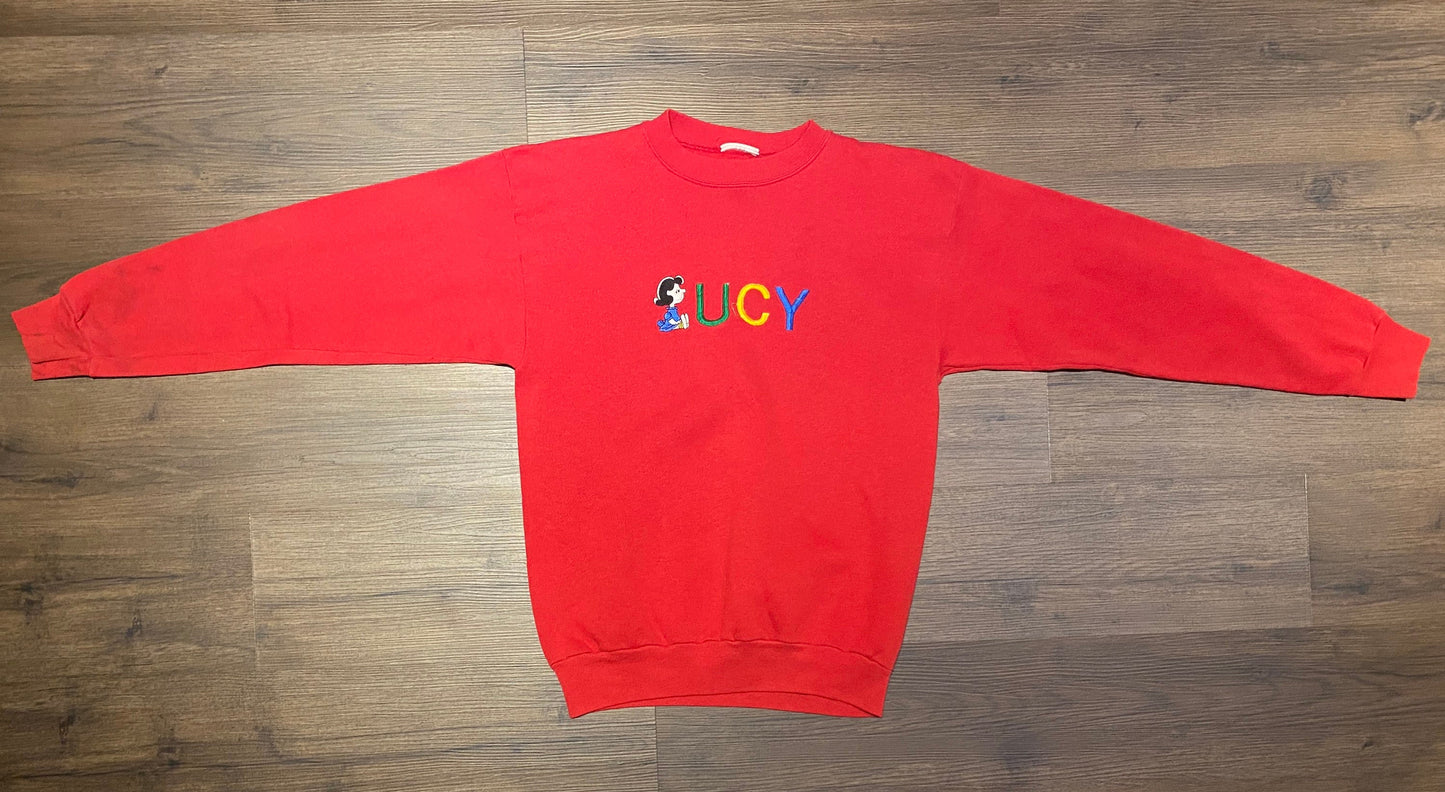 Lucy Embroidered Graphic Crewneck | Size Large | Vintage 1990s Peanuts Cartoon Promotional Red Sweater | Free Shipping to USA |