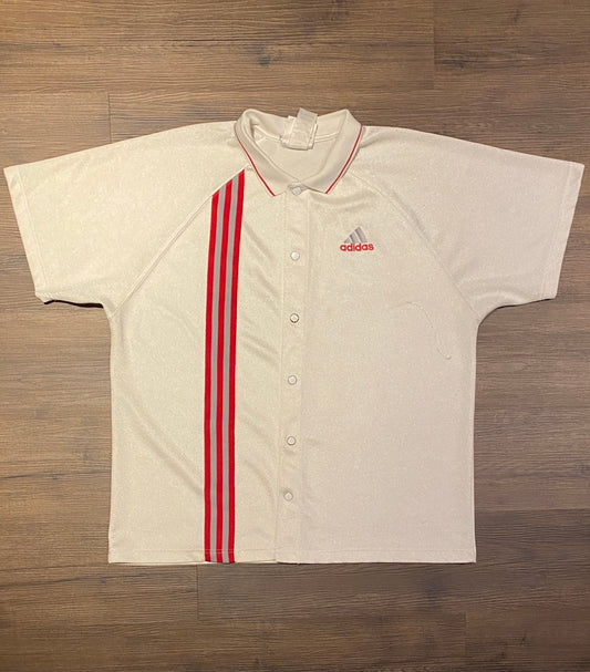 Adidas Striped Button Down Graphic Tee | Size Large | Vintage 1990s Branded White & Red T-Shirt | 100% Polyester | Free Shipping to USA |