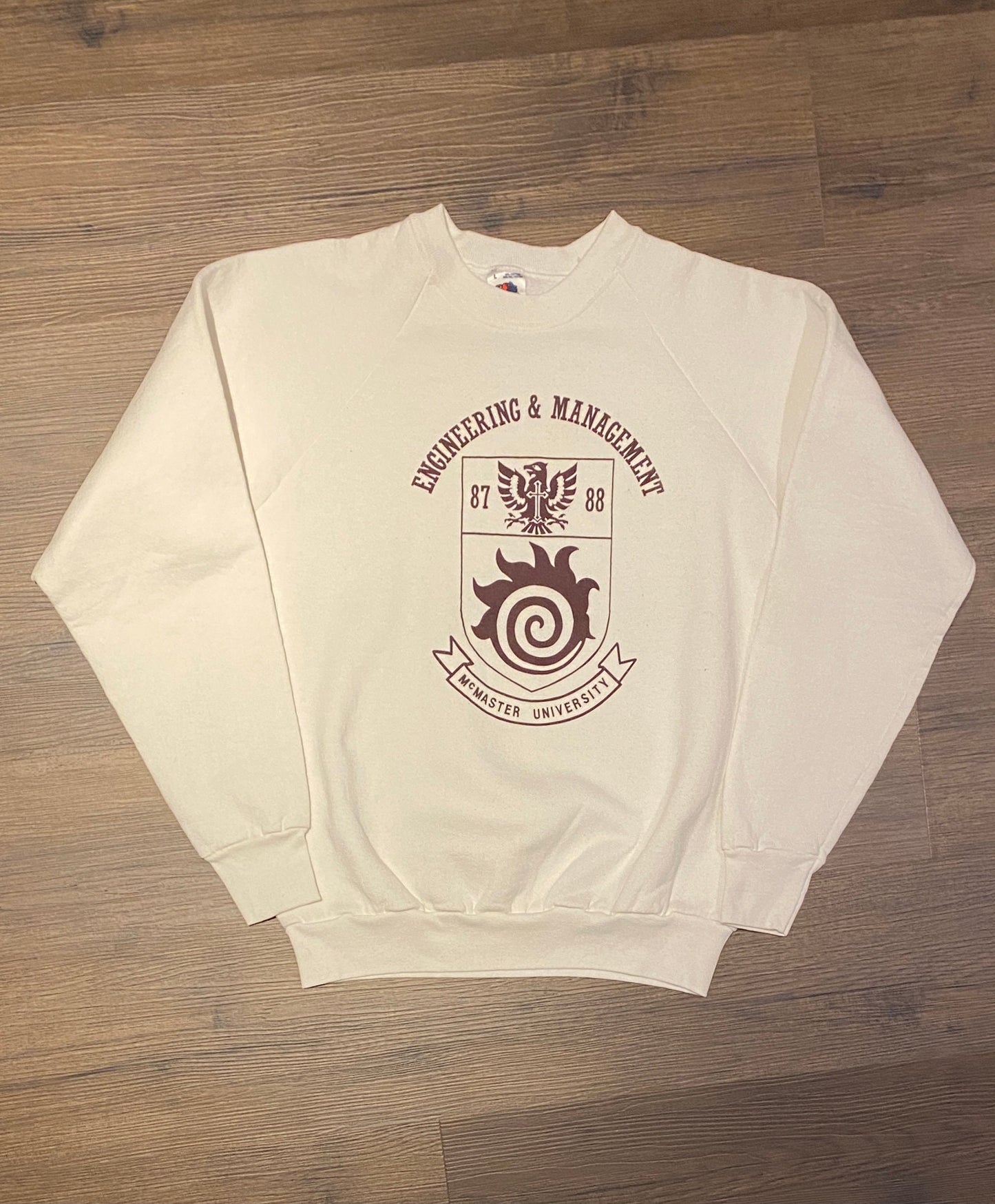 McMaster University Engineering & Management Graphic Crewneck | Size Large | Vintage 1980s University White Sweater | Free Shipping to USA|