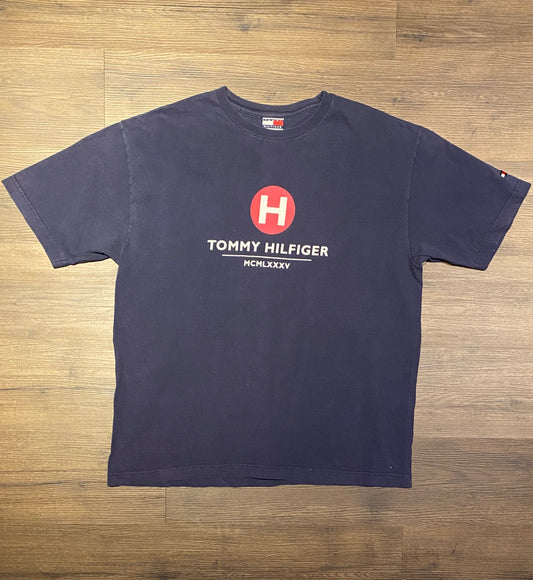 Tommy Hilfiger MCMLIXXXV Graphic Tee | Size X-Large | Vintage 1990s Branded Blue T-Shirt | Made in USA | Free Shipping to USA |