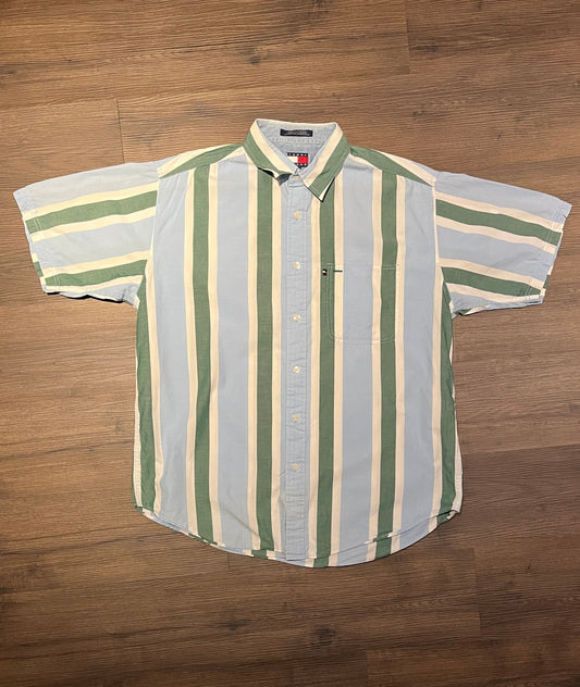 Tommy Hilfiger Blue & Green Striped Button Down Tee | Size Large | Vintage 1990s Casual Button Down Work Shirt | Free Shipping to USA |