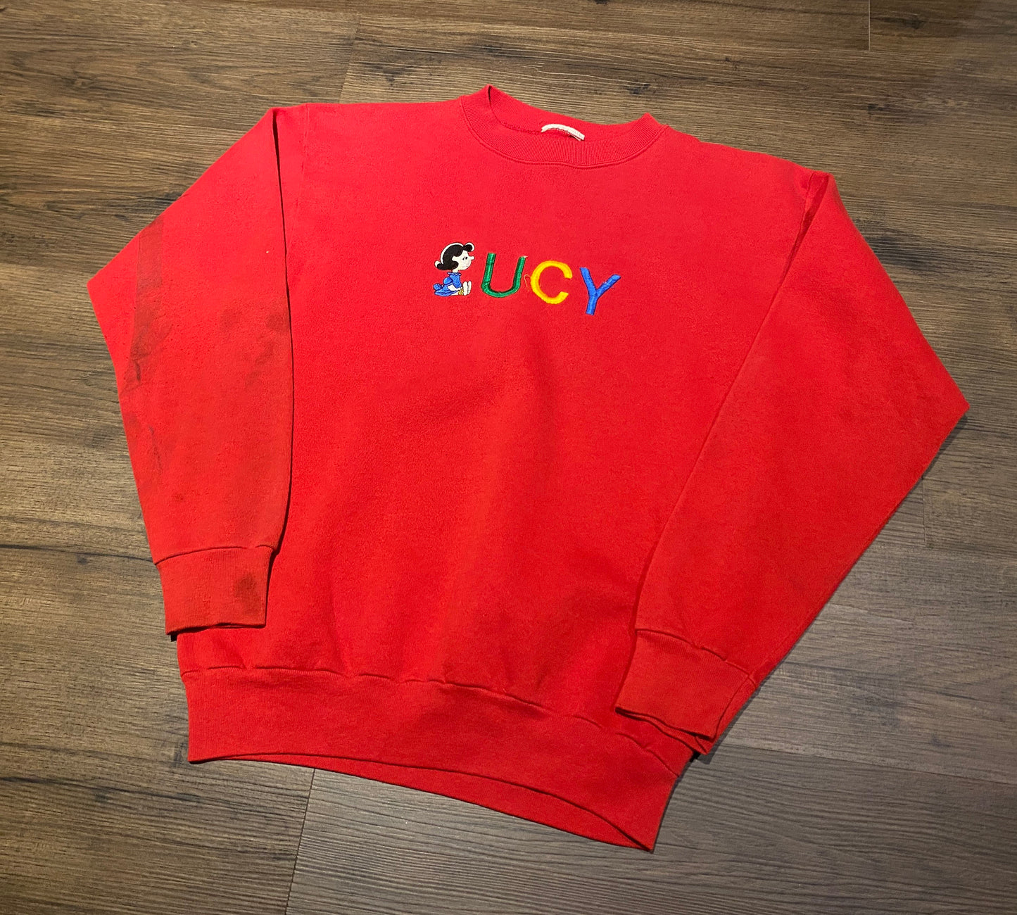 Lucy Embroidered Graphic Crewneck | Size Large | Vintage 1990s Peanuts Cartoon Promotional Red Sweater | Free Shipping to USA |