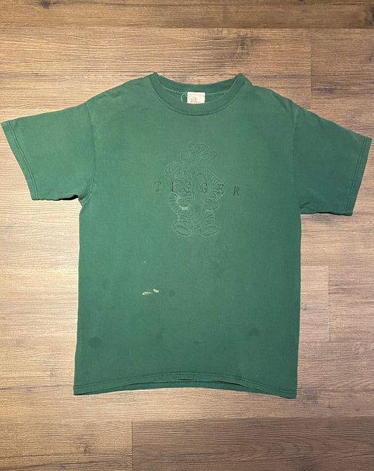 Tigger Imprinted Embroidered Graphic Tee | Size Large | Vintage 1990s Cartoon Character Promotional Green T-Shirt | Free Shipping to USA |