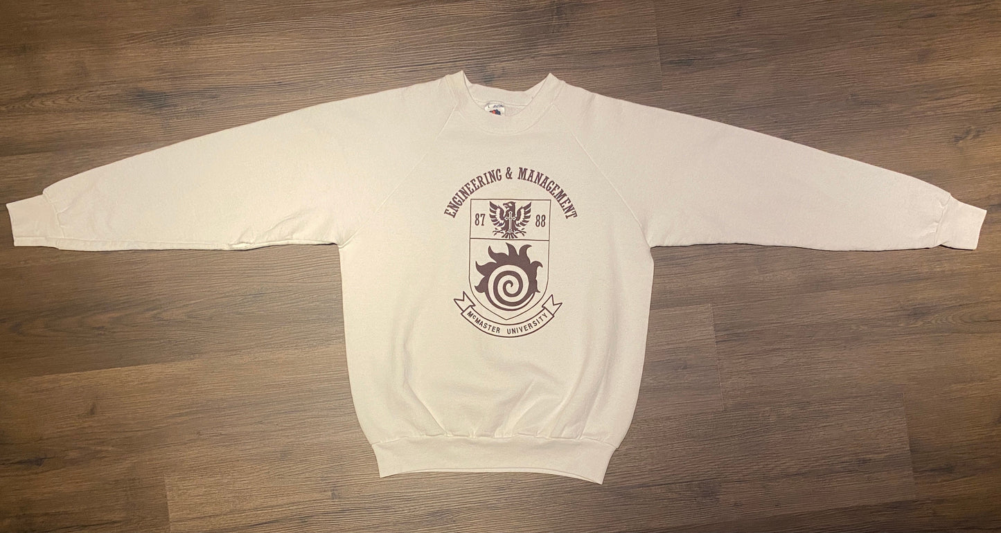 McMaster University Engineering & Management Graphic Crewneck | Size Large | Vintage 1980s University White Sweater | Free Shipping to USA|