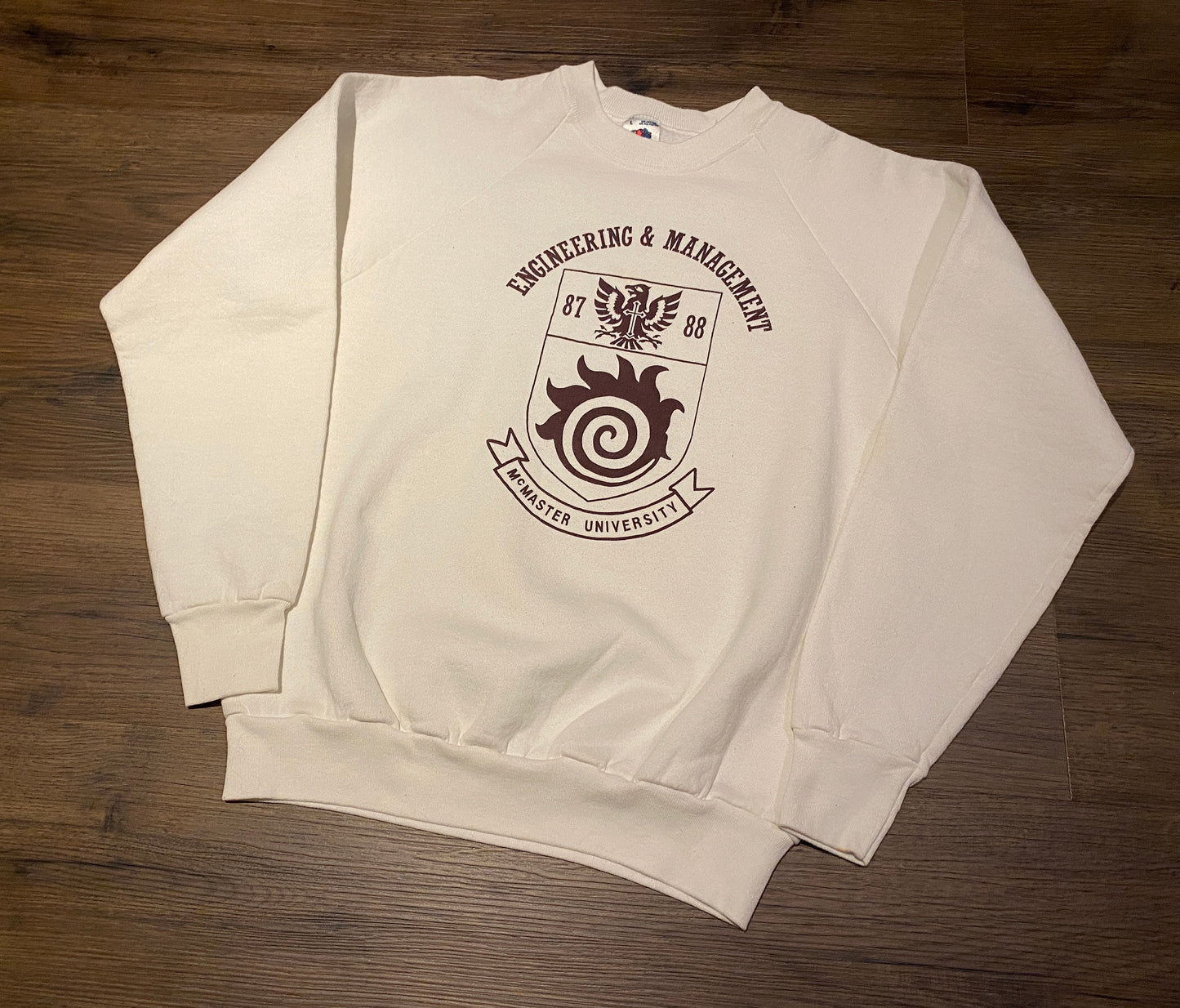 McMaster University Engineering & Management Graphic Crewneck | Size Large | Vintage 1980s University White Sweater | Free Shipping to USA|