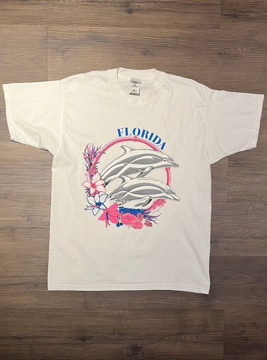 Florida Jumping Dolphins Graphic Tee | Size Large | Vintage 1990s Aquatic Colourful White T-Shirt | Free Shipping to USA |