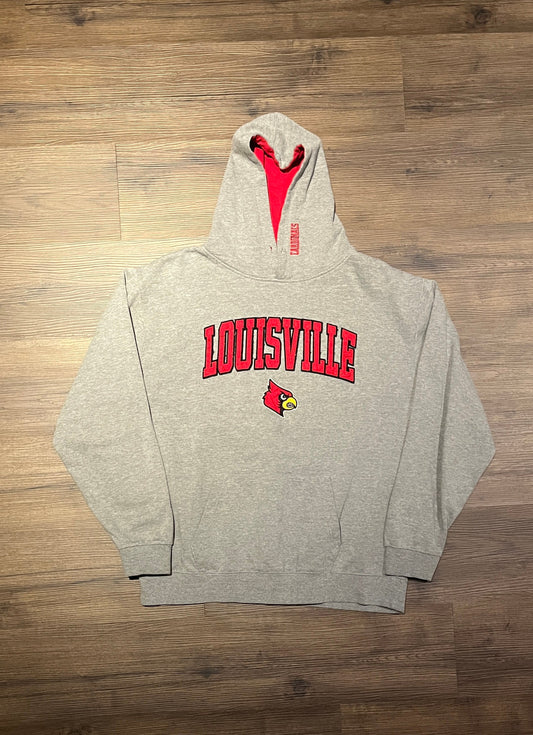 Louisville Cardinals Embroidered Graphic Hoodie | Size X-Large | Vintage 1990s College Sports Grey Sweater | Free Shipping to USA |