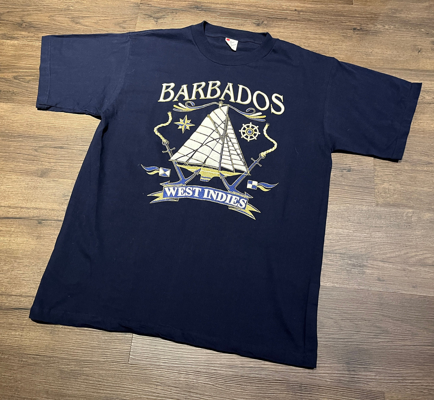 Barbados, West Indies Puff Print Graphic Tee | Size Large | Vintage 1990s Promotional Tourist Blue T-Shirt | Free Shipping to USA |