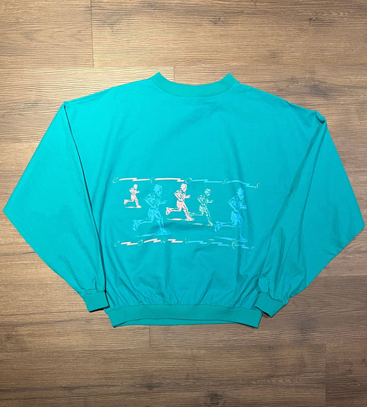 Marathon Running Graphic Crewneck | Size Large | Vintage 1990s Green Teal Promotional Windbreaker | Made in USA | Free Shipping to USA |