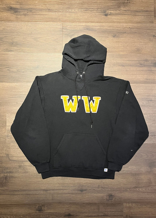 Waterloo Warriors Embroidered Graphic Hoodie | Size Medium | Vintage 2000s Russell Athletic College Black Sweater | Free Shipping to USA |