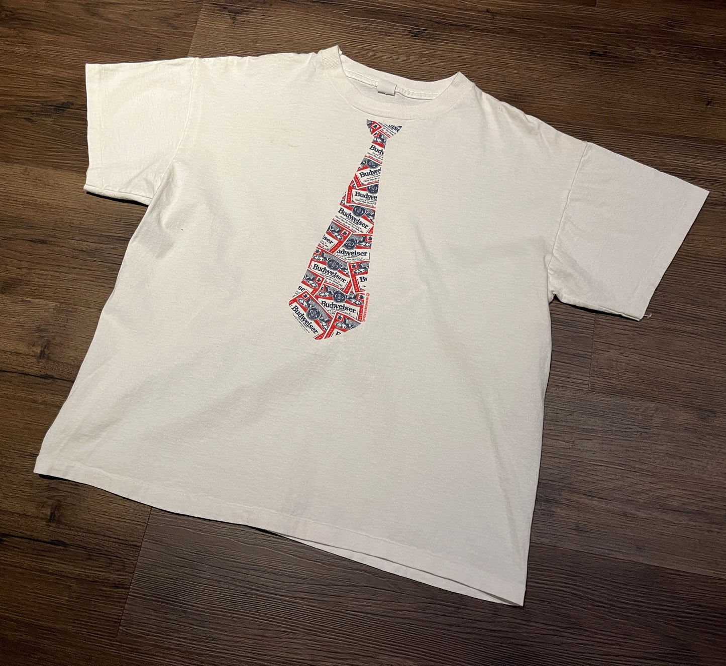 Budweiser King Of Beers Tie Graphic Tee | Size X-Large | Vintage 1990s Red & White T-Shirt | Alcohol Promotional Tee | Free Shipping to USA|