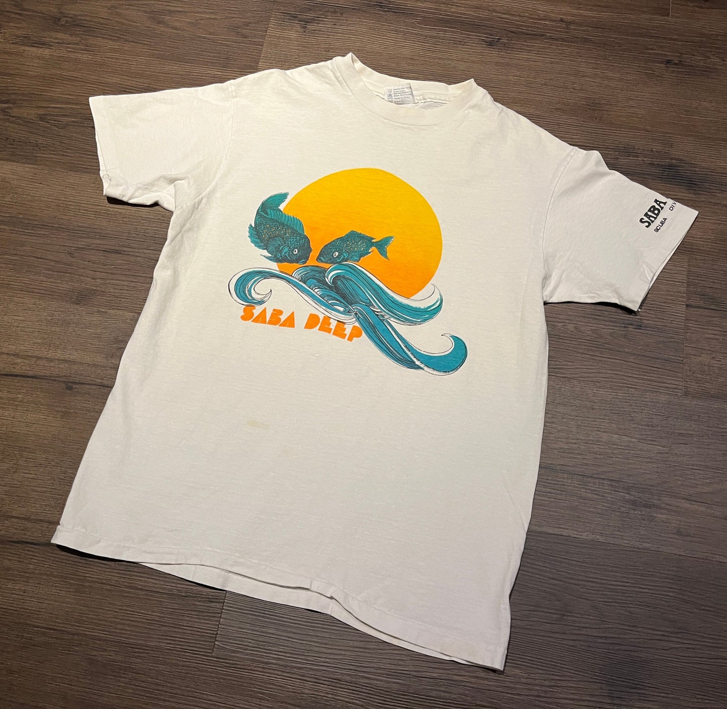 Saba Deep Diving Center Graphic Tee | Size Large | Vintage 1990s Single Stitch Promotional White T-Shirt | Free Shipping to USA |