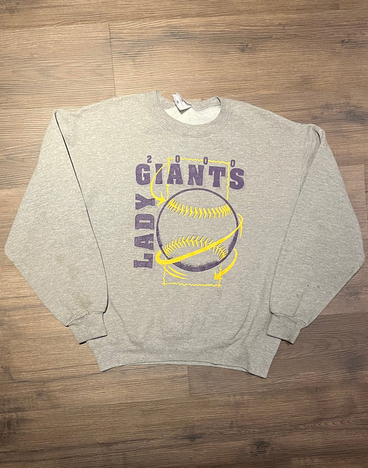 Lady Giants 2000 Graphic Crewneck | Size Large | Vintage 2000s Sports Softball / Baseball Grey Sweater | Made in USA | Free Shipping to USA|