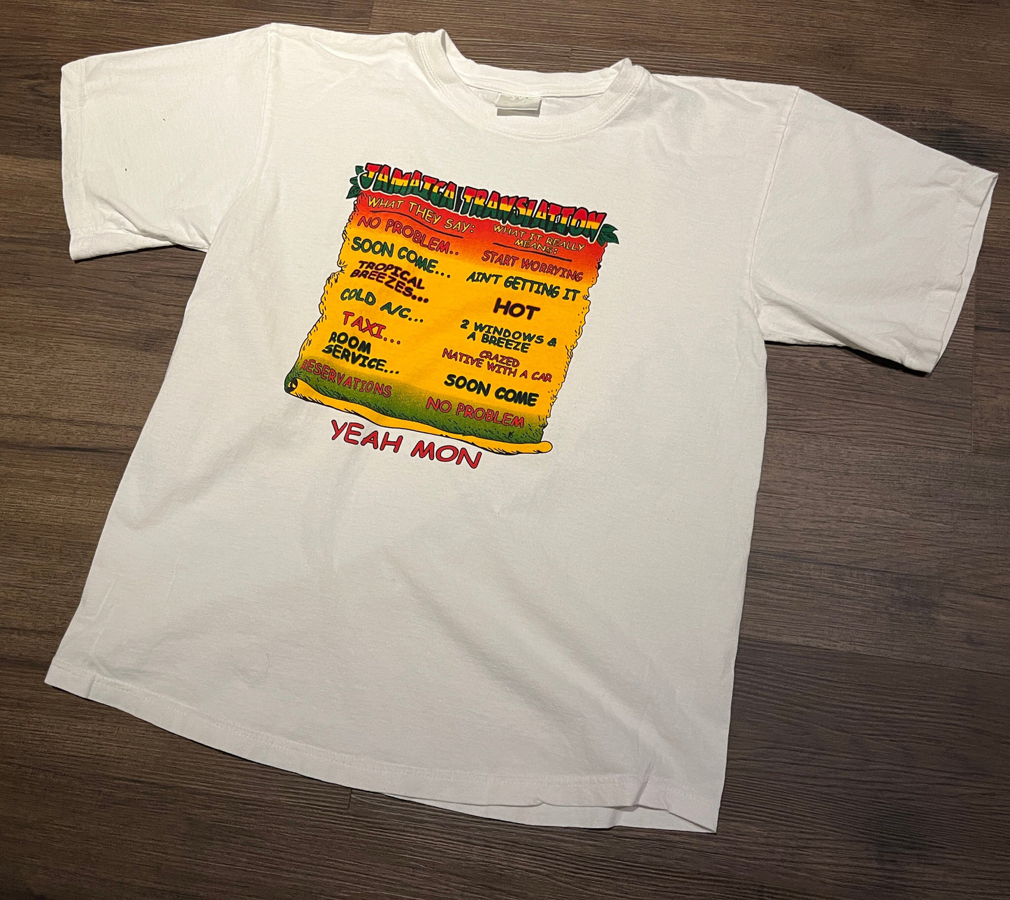 Jamaica Translation Yeah Mon Graphic Tee | Size Large | Vintage 2000s Funny Tourist Promotional White T-Shirt | Free Shipping to USA |