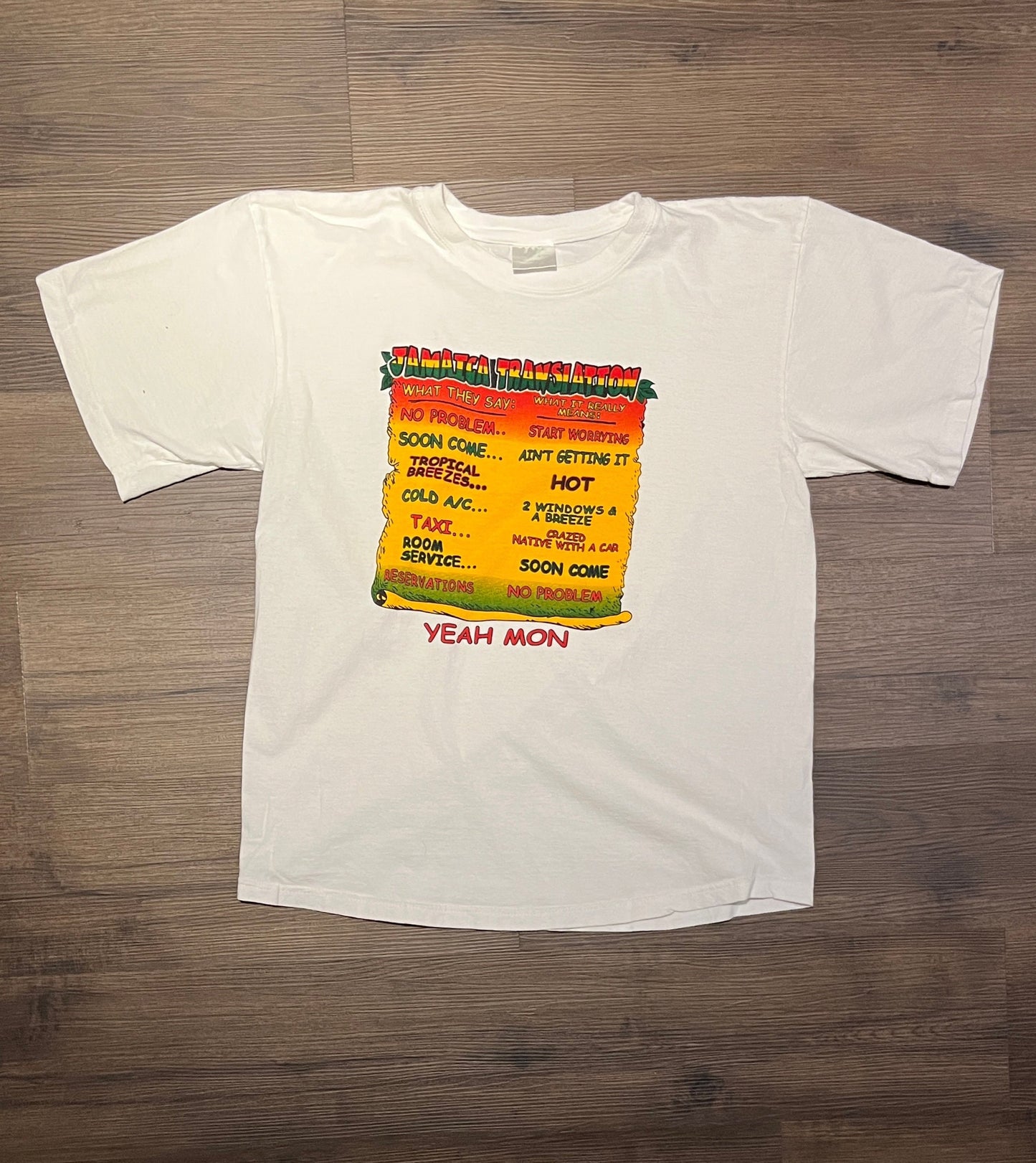 Jamaica Translation Yeah Mon Graphic Tee | Size Large | Vintage 2000s Funny Tourist Promotional White T-Shirt | Free Shipping to USA |