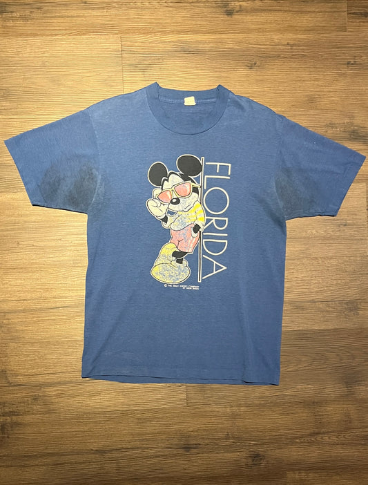 Disney Mickey Mouse Florida Graphic Tee | Size Large | Vintage 1990s Single Stitch Disney Cartoon Blue T-Shirt | Free Shipping to USA |