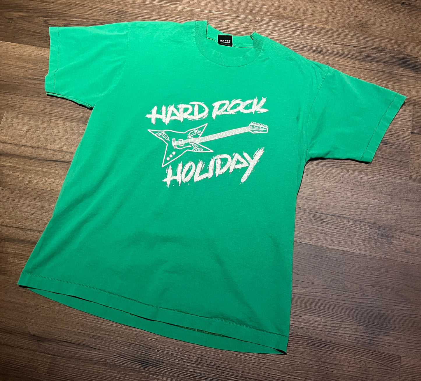 Hard Rock Holiday Guitar Graphic Tee | Size X-Large | Vintage 1990s Single Stitch Green T-Shirt | Made in USA | Free Shipping to USA |