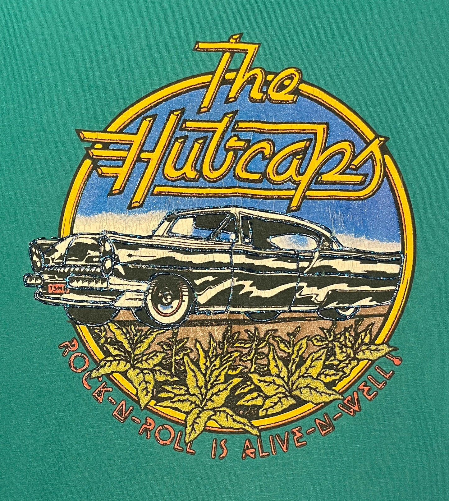 The Hubcap Rock-N-Roll Is Alive-N-Well Graphic Tee | Size XXL | Vintage 1990s Promotional Green T-Shirt | Made in USA |Free Shipping to USA|