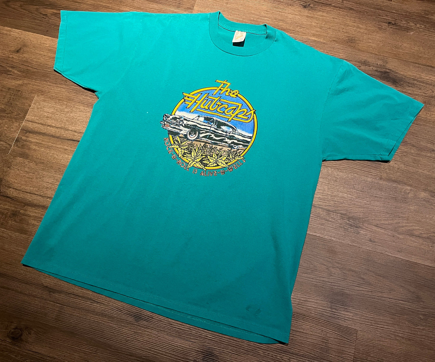 The Hubcap Rock-N-Roll Is Alive-N-Well Graphic Tee | Size XXL | Vintage 1990s Promotional Green T-Shirt | Made in USA |Free Shipping to USA|