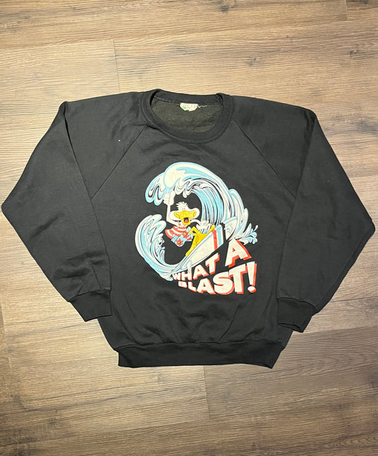 Surfing Duck What A Blast! Graphic Crewneck | One Size Fits All | Vintage 1990s Promotional Blue Sweater | Free Shipping to USA |