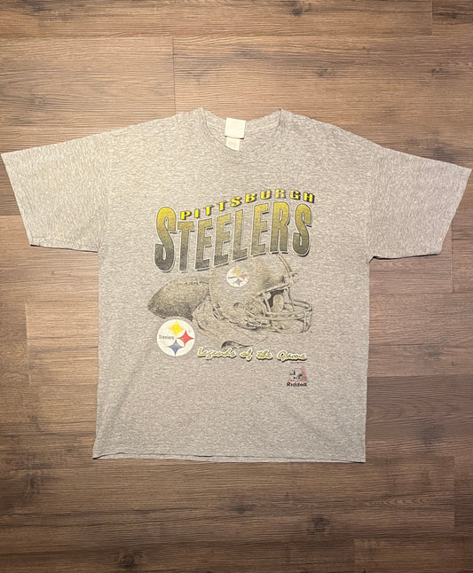 Pittsburgh Steelers Legends Of The Game Graphic Tee | Size Large | Vintage 1990s NFL Football Grey T-Shirt | Free Shipping to USA |