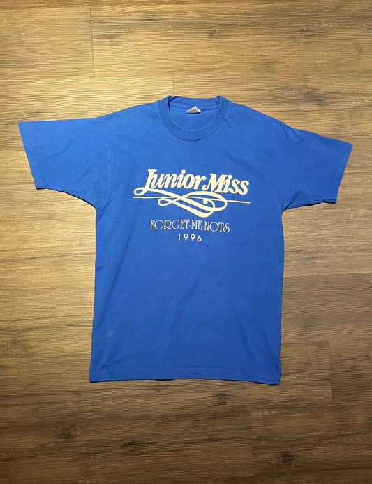 Junior Miss Forget Me Nots 1996 Graphic Tee | Size Large | Vintage 1990s Single Stitch Blue T-Shirt | Made in USA | Free Shipping to USA|