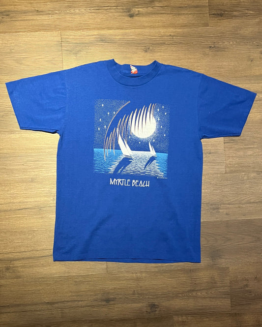 Myrtle Beach Sailboats Graphic Tee | Size X-Large | Vintage 1990s Single Stitch Tourist Blue T-Shirt | Made in USA | Free Shipping to USA |