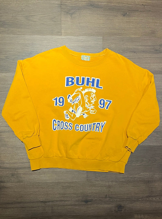 Buhl High School 1997 Cross Country Graphic Crewneck | Size Medium | Vintage 1990s Promotional Yellow Sweater | Free Shipping to USA |